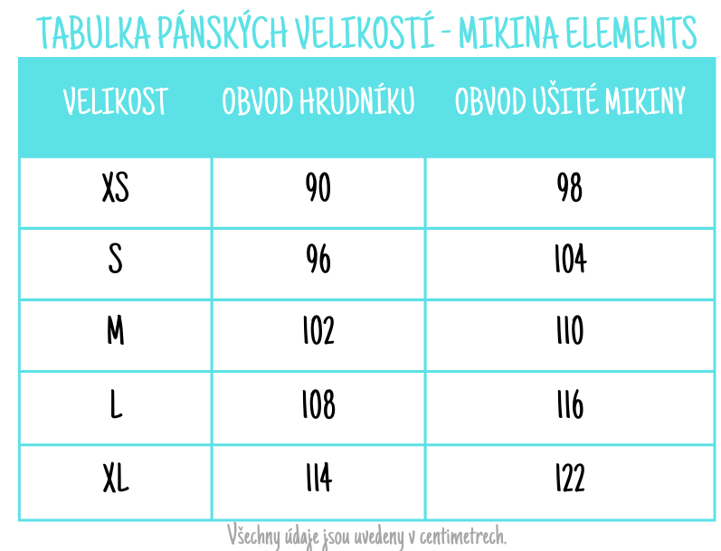 TABULKA PÁNSKÝCH VELIKOSTÍ - MIKINA ELEMENST